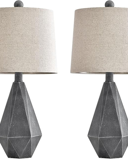 PoKat 20.25" Rustic Farmhouse Table Lamp Sets of 2 for Living Room Bedroom Deep Grey Contemporary Classic Bedside Nightstand Lamp with White Fabric Shade - LeafyLoom