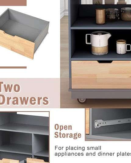 Kitchen Island with Storage, Two-Sided Rolling Extended Table on Wheels w/Wood Top, Kitchen Island Cart w/Wine and Spice Rack, 2 Drawers, 3 Open Compartments for Dinning Room - LeafyLoom