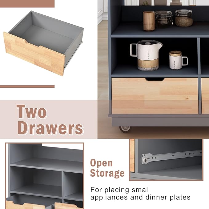 Kitchen Island with Storage, Two-Sided Rolling Extended Table on Wheels w/Wood Top, Kitchen Island Cart w/Wine and Spice Rack, 2 Drawers, 3 Open Compartments for Dinning Room - LeafyLoom