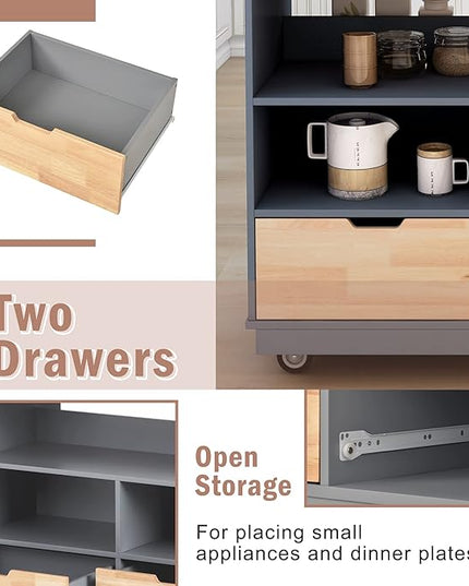 Rolling Storage, Two-sided Kitchen Island Cart on Wheels with Wood Top, Wine and Spice Rack, 2 Drawers, 3 Open Compartments, for Dining Room, Home, Grey Blue, 46 Inch - LeafyLoom