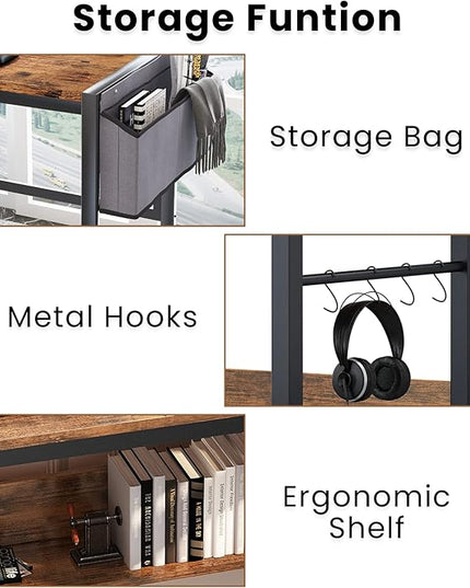 DKLGG Small Computer Desk Study Table, 43 Inch Home Office Laptop Table for Small Spaces, Modern Work Writing Table with Storage Bag & Headphone Hook, Rustic Brown - LeafyLoom