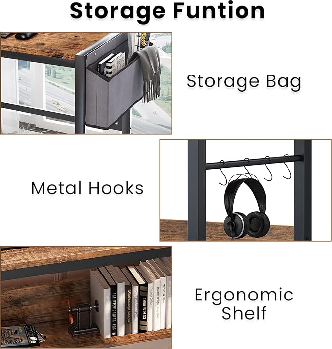 DKLGG Small Computer Desk Study Table, 43 Inch Home Office Laptop Table for Small Spaces, Modern Work Writing Table with Storage Bag & Headphone Hook, Rustic Brown - LeafyLoom