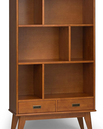 SIMPLIHOME Draper SOLID HARDWOOD 35 Inch Mid Century Modern Wide Bookcase and Storage Unit in Teak Brown, For the Living Room, Study Room and Office - LeafyLoom