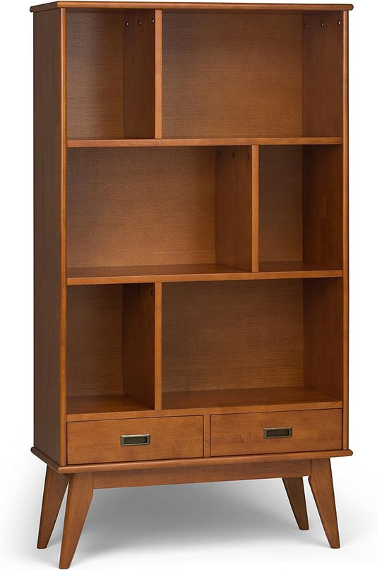 SIMPLIHOME Draper SOLID HARDWOOD 35 Inch Mid Century Modern Wide Bookcase and Storage Unit in Teak Brown, For the Living Room, Study Room and Office - LeafyLoom