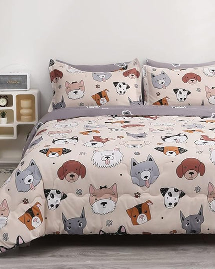 7 Piece Kids Dog Comforter Set Queen Size - Bed in A Bag Bedding Set for Teen Boys Girls - Cute Animal Quilt Super Soft All Season - Creamy White - LeafyLoom
