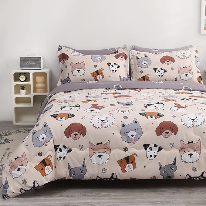 7 Piece Kids Dog Comforter Set Queen Size - Bed in A Bag Bedding Set for Teen Boys Girls - Cute Animal Quilt Super Soft All Season - Creamy White - LeafyLoom