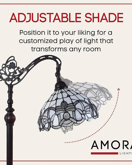 Amora Tiffany Floor Lamp - Arched, Stained Glass 62” - Traditional White Mahogany with Foot Switch Operation and Adjustable Lamp Shade - Custom Handcrafted Floor Lamps for Living Room - LeafyLoom