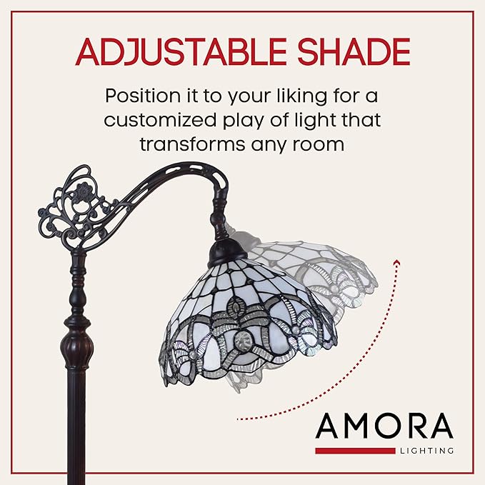Amora Tiffany Floor Lamp - Arched, Stained Glass 62” - Traditional White Mahogany with Foot Switch Operation and Adjustable Lamp Shade - Custom Handcrafted Floor Lamps for Living Room - LeafyLoom