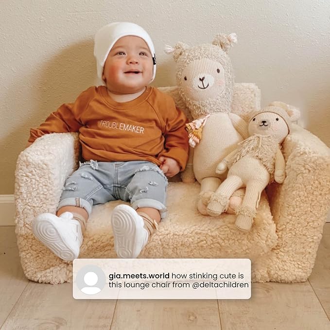 Delta Children Cozee Flip-Out Sherpa 2-in-1 Convertible Chair to Lounger for Kids, Cream - LeafyLoom