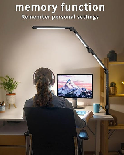LED Desk Lamp with Clamp Flexible 4 sections Swing Arm Three light sources desk light, 4 Color Modes & 5 Brightness, Eye Caring Led table light with Memory Function for table lamps for office - LeafyLoom