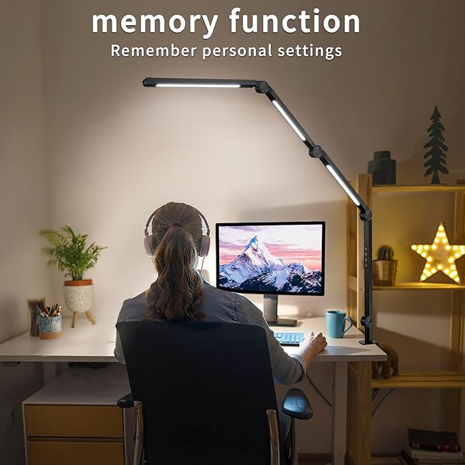 LED Desk Lamp with Clamp Flexible 4 sections Swing Arm Three light sources desk light, 4 Color Modes & 5 Brightness, Eye Caring Led table light with Memory Function for table lamps for office - LeafyLoom