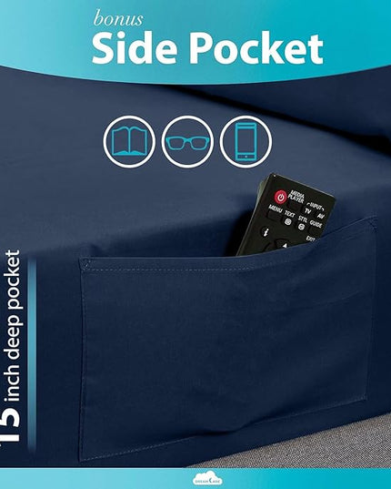 DREAMCARE Queen Size Sheets - Cooling Bed Sheets - 4pcs Set - up to 15" Deep Pocket Queen Sheet Set - Sheets Queen Size Bed - Soft & Long Lasting 100% Fine Brushed Polyester with Side Pocket - NBlue - LeafyLoom