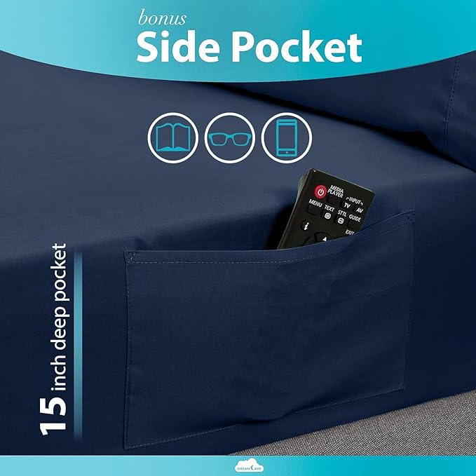 DREAMCARE California King Sheet Sets - Cooling Bed Sheets - 4pcs Set - up to 15" Deep Pocket Cal King Sheets - California King Sheets - Soft & Lasting 100% Brushed Polyester with Side Pocket - N Blue - LeafyLoom
