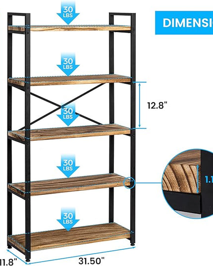 5 Tier Bookshelf Rustic Industrial Style, Storage Shelves, Metal Book Shelves Bookcase Book Shelf Display Shelf for Home Office, Living Room, Bedroom, Kitchen (31.5" W, Brown) - LeafyLoom