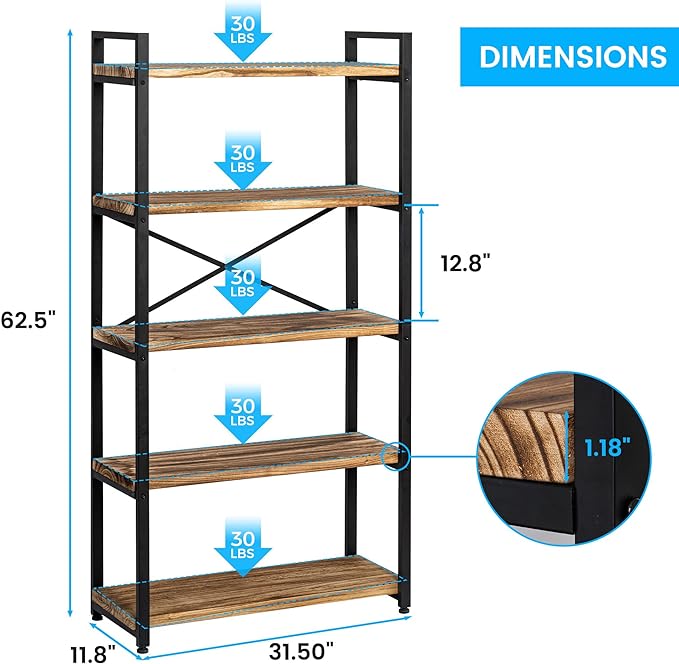 5 Tier Bookshelf Rustic Industrial Style, Storage Shelves, Metal Book Shelves Bookcase Book Shelf Display Shelf for Home Office, Living Room, Bedroom, Kitchen (31.5" W, Brown) - LeafyLoom
