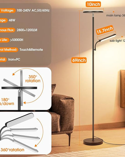 LED Floor Lamp, 48W 4000LM Super Bright Torchiere Floor Lamp with Adjustable Reading Light, Dimmable Standing Lamp with Remote & Touch Control - LeafyLoom
