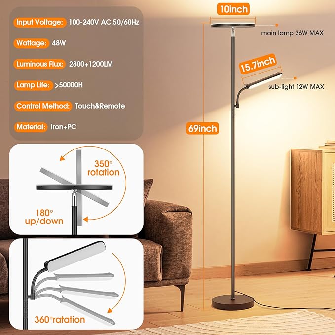 LED Floor Lamp, 48W 4000LM Super Bright Torchiere Floor Lamp with Adjustable Reading Light, Dimmable Standing Lamp with Remote & Touch Control - LeafyLoom