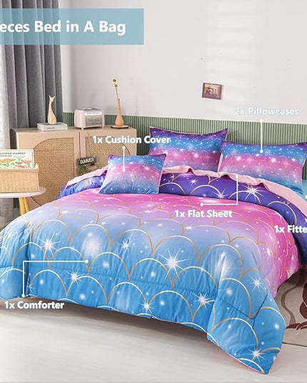 PERFEMET Pink Mermaid Comforter Set Full Size 6 Pieces Bed in A Bag Colorful Rainbow Bedding Set for Teens Girls 3D Sparkly Glitter Ombre Bed Set with Comforter and Sheets (Pink Mermaid, Full) - LeafyLoom