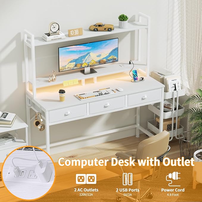Furologee White Gaming Desk with Power Outlet and LED Light, 47" Computer Desk with 3 Fabric Drawers, Home Office Desk with Monitor Stand and Hutch for Small Space Working, Study Table with Shelf - LeafyLoom