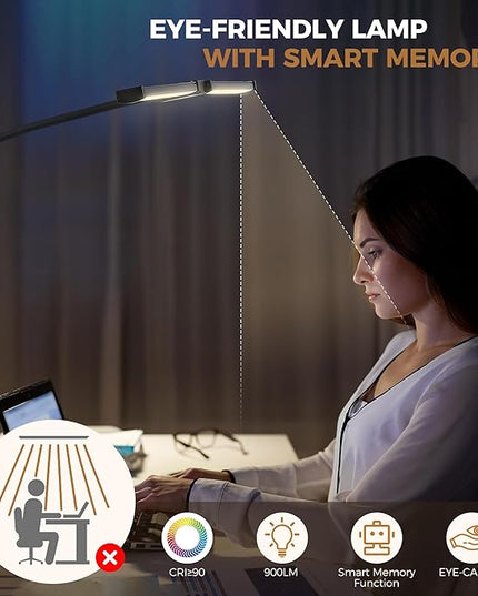 Led Desk Lamp for Home Office, Double Head Desktop Light with Clamp, Remote Control Architect Lamps for Computer Monitor, Read, Study, 25 Lighting Modes, Eye Care, Flexible Gooseneck, Black - LeafyLoom