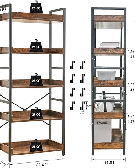 HCHQHS Adjustable 5 Tier Open Bookcase, Rustic Farmhouse Book Shelves, Industrial Wood and Black Metal Bookshelves, Mid Century Bookcase for Home Office Living Room Bedroom - LeafyLoom