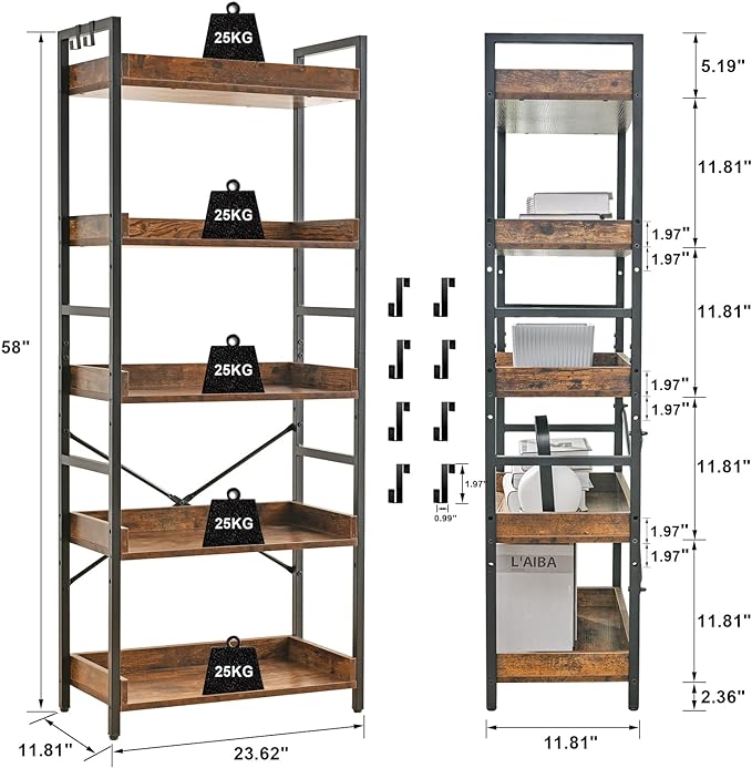 HCHQHS Adjustable 5 Tier Open Bookcase, Rustic Farmhouse Book Shelves, Industrial Wood and Black Metal Bookshelves, Mid Century Bookcase for Home Office Living Room Bedroom - LeafyLoom