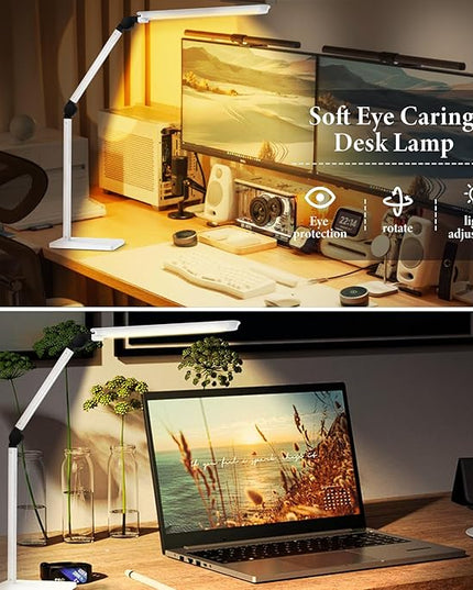LED Desk Lamp with USB Charging Ports,Creative Touch Reading Light, with Memory Dual Light and Adjustable Swing Arm,15W 4 CCT Eye-Care Modes & 4 Brightness Levels Table Lamp for Home Office-White - LeafyLoom