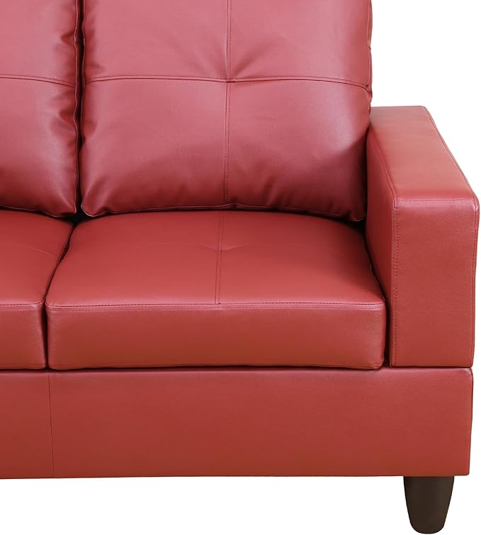 ROOMTEC Button L Shape 3 Piece Sectional Sofa Set, Upholstered Corner Couch with Storage Ottoman, Faux Leather Tufted Cushions, for Living Room, Apartment, Red, 103inch, Pink w/Right Chaise Lounge - LeafyLoom