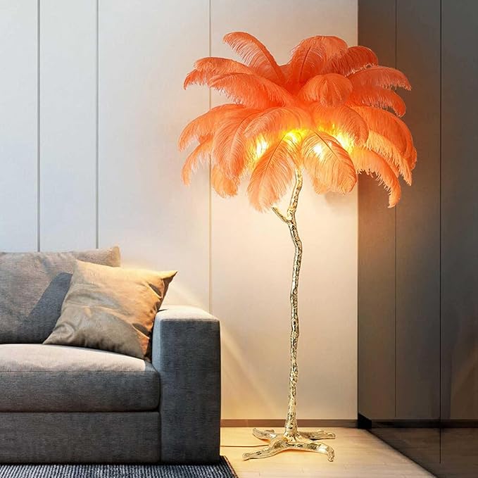 Romantic Ostrich Feather Floor Lamp Modern Luxury Resin Ostrich Feather LED Lamp Living Room Bedroom Corner Decoration Floor lamp(Orange) - LeafyLoom