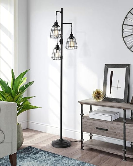 9MMML 68” Living Room Floor Lamp, Industrial Farmhouse 3 Teardrop Cage Standing Lamp,Black Tall Floor Lamp for Bedroom Office, 3 LED Edison Bulbs Included - LeafyLoom