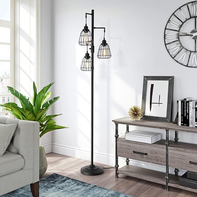 9MMML 68” Living Room Floor Lamp, Industrial Farmhouse 3 Teardrop Cage Standing Lamp,Black Tall Floor Lamp for Bedroom Office, 3 LED Edison Bulbs Included - LeafyLoom
