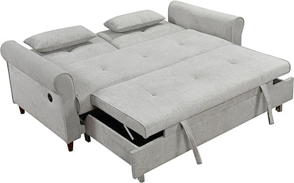 Queen Size Loveseat Sleeper Sofa,3 in 1 Soft Linen Upholstered Oversized Convertible Love Seat Sofabed cum Daybed W/Pull Out Sleep Couch Bed and USB Charging Ports for Living Space, 77.5", Grey - LeafyLoom