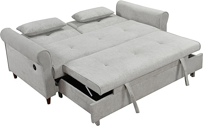 Queen Size Loveseat Sleeper Sofa,3 in 1 Soft Linen Upholstered Oversized Convertible Love Seat Sofabed cum Daybed W/Pull Out Sleep Couch Bed and USB Charging Ports for Living Space, 77.5", Grey - LeafyLoom