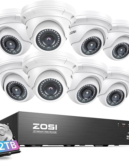 ZOSI 4K PoE Security Camera System with 2TB Hard Drive, 8 Ports 16CH 8MP NVR Recorder, 8pcs 3K 5MP Outdoor Indoor Home PoE Dome Cameras, Night Vision, Motion Alert, Remote Access, for 24/7 Recording ZOSI