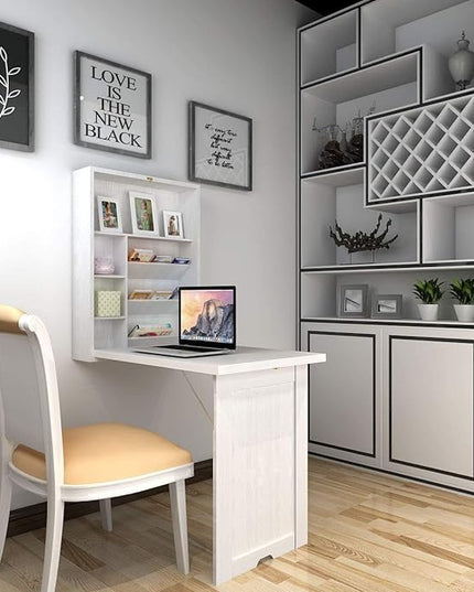 LUARANE Wall Mounted Table, Foldable Multiple-purpose Desk, Fold Out Wood Convertible Writing Desk Bookshelf Cabinet, Large Storage Space, Ideal for Home Office Study (White) - LeafyLoom