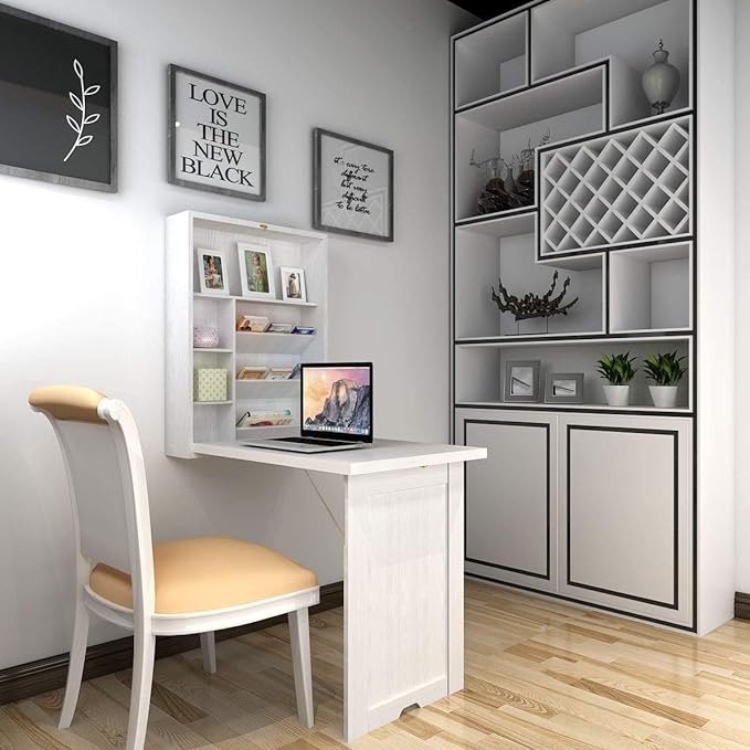 LUARANE Wall Mounted Table, Foldable Multiple-purpose Desk, Fold Out Wood Convertible Writing Desk Bookshelf Cabinet, Large Storage Space, Ideal for Home Office Study (White) - LeafyLoom