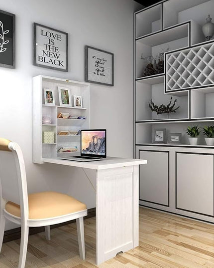 Wall Mounted Table w/Classified Storage Space, Foldable Multiple-Purpose Desk, Sturdy Wood Structure, White - LeafyLoom