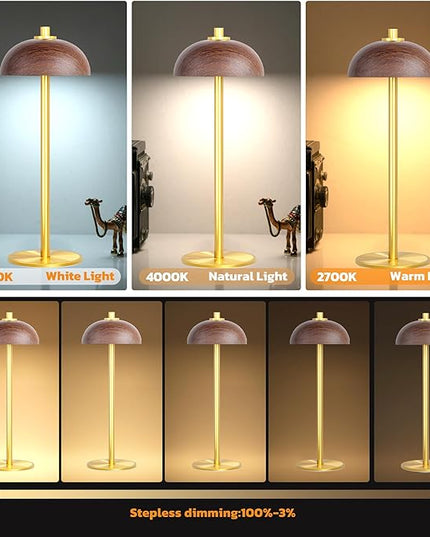 Rechargeable Cordless Table Lamp - 5000mAh Battery Powered Lamp, 3 Color Modes Stepless Dimming LED Table Light with Memory Function for Indoor, Outdoor, Dinner, Patio, Cafe.(Wood Grain) - LeafyLoom