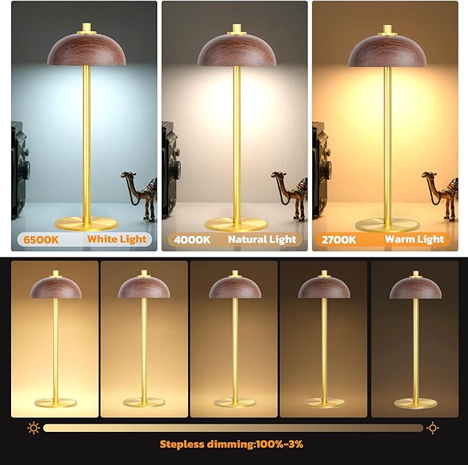 Rechargeable Cordless Table Lamp - 5000mAh Battery Powered Lamp, 3 Color Modes Stepless Dimming LED Table Light with Memory Function for Indoor, Outdoor, Dinner, Patio, Cafe.(Wood Grain) - LeafyLoom