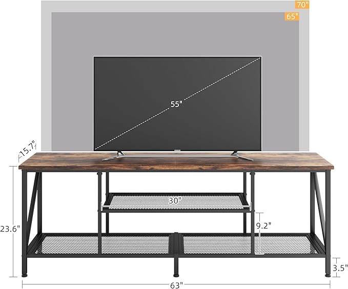 TV Stand for 70 Inch TV, 63" Entertainment Center for 50/55/60/65/70 Inch TV, Modern 3-Tier Open Storage Shelves, Industrial Long TV Media Console Table for Living Room, Bedroom, Rustic Brown - LeafyLoom