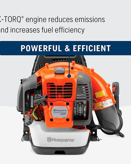 Husqvarna 360BT Gas Leaf Blower, 65.6-cc 3.81-HP 2-Cycle Backpack Leaf Blower with 890-CFM, 232-MPH, 30-N Powerful Clearing Performance and Load-Reducing Harness - LeafyLoom