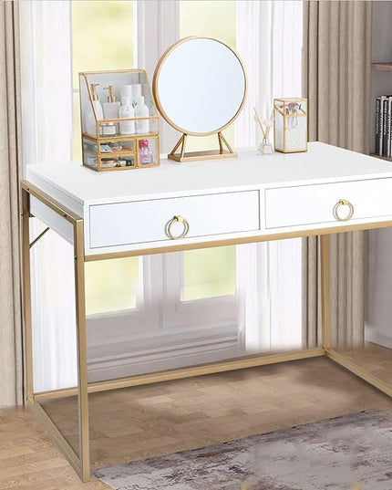 Anmytek Home Office Writing Desk 2 Drawers Storage, Contemporary Makeup Vanity Table Study Desk, W/Matte White and Gold Finish Frame D0003 - LeafyLoom