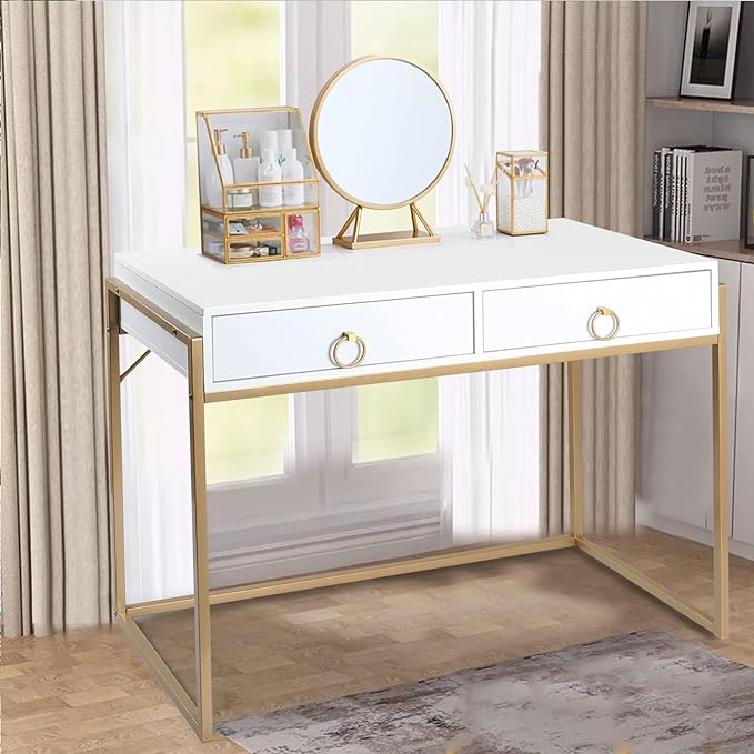 Anmytek Home Office Writing Desk 2 Drawers Storage, Contemporary Makeup Vanity Table Study Desk, W/Matte White and Gold Finish Frame D0003 - LeafyLoom