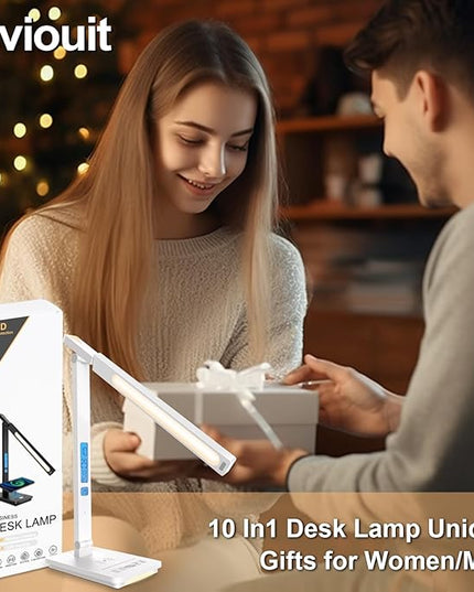 10 in 1 Smart Led Desk Lamp, Desk Table Lamp for Home Office, Eye-Caring Office Lamp with Night Lights, Lamp for Desk with 10W Wireless Charger, Dimmable Touch Lamp for Bedroom Reading Study Work - LeafyLoom