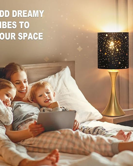 Touch Lamp for Bedroom, 3 Way Dimmable Gold Table Lamp with Black Starry Shade, Decorative Nightstand Lamp Ambient Beside Light for Living Room, Guest Room, Office 3000K LED Bulb Included - LeafyLoom