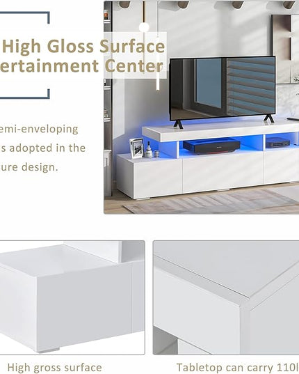 Merax Modern Style 16-Colored LED Lights TV Cabinet Up to 70 inch Television, UV High Gloss Surface Entertainment Center with DVD Shelf, 73.2" Length, White - LeafyLoom