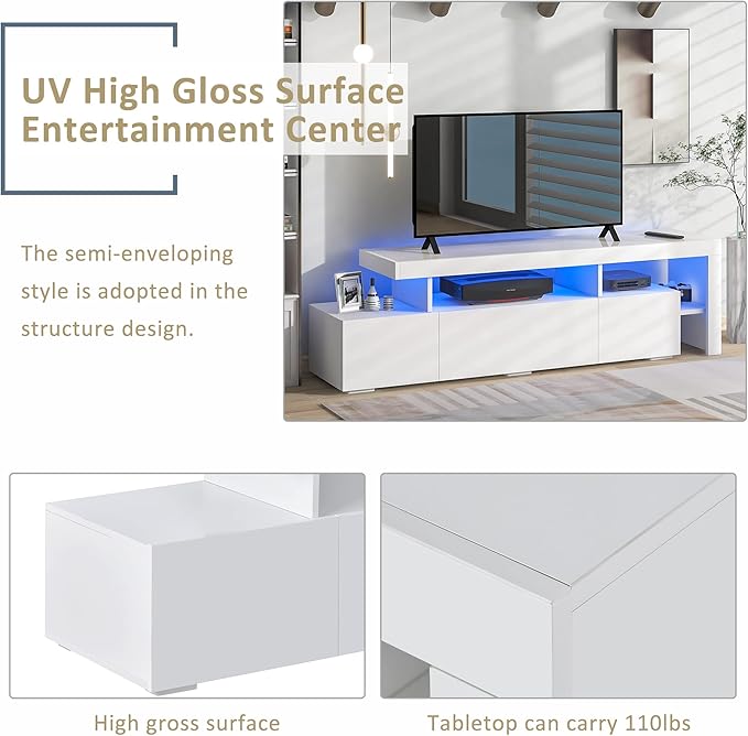 Merax Modern Style 16-Colored LED Lights TV Cabinet Up to 70 inch Television, UV High Gloss Surface Entertainment Center with DVD Shelf, 73.2" Length, White - LeafyLoom