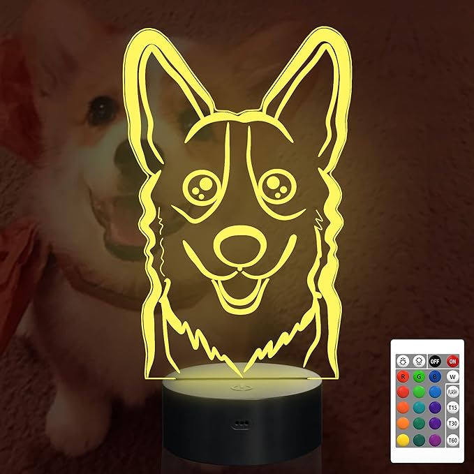 Attivolife Dog 3D Bedside Lamp, Corgi Illusion Optical Night Light, 16 Colors Changing Remote Control Dimmable LED Toy, Puppy Room Decor Cute Christmas Birthday Gift for Kids Baby Boy - LeafyLoom