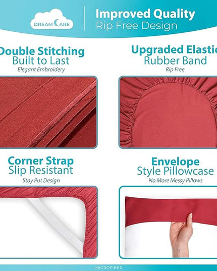 DREAMCARE King Size Sheets Set - Cooling Bed Sheets - 4pcs Set - up to 15" Deep Pocket King Sheet Set – Soft & Long Lasting Cooling - 100% Fine Brushed Polyester with Side Pocket - Burgundy - LeafyLoom