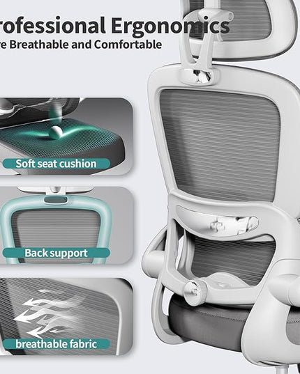 Office Chair Ergonomic Desk Chair, 330 LBS Home Mesh Office Desk Chairs with Wheels, Comfortable Gaming Chair, High Back Office Chair for Long Hours, Office Chair for Study and Work (White) - LeafyLoom